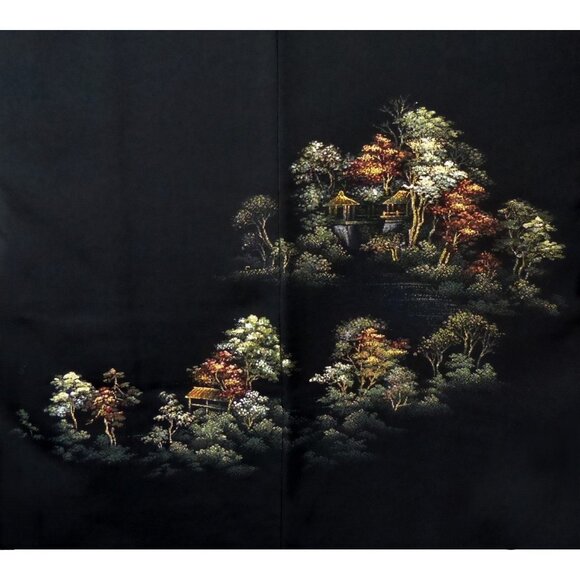 Vintage Black Silk Haori Kimono Jacket Cozy Houses & Trees Metallic Landscape - Picture 2 of 11